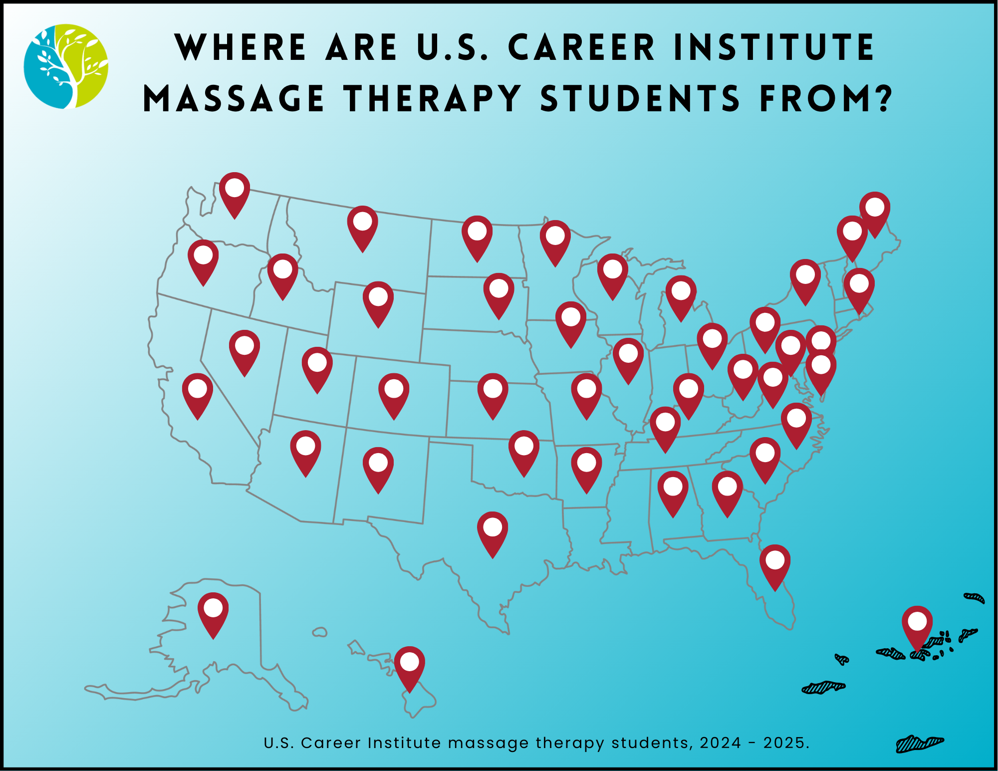 US Map indicating where USCI massage therapy students are from